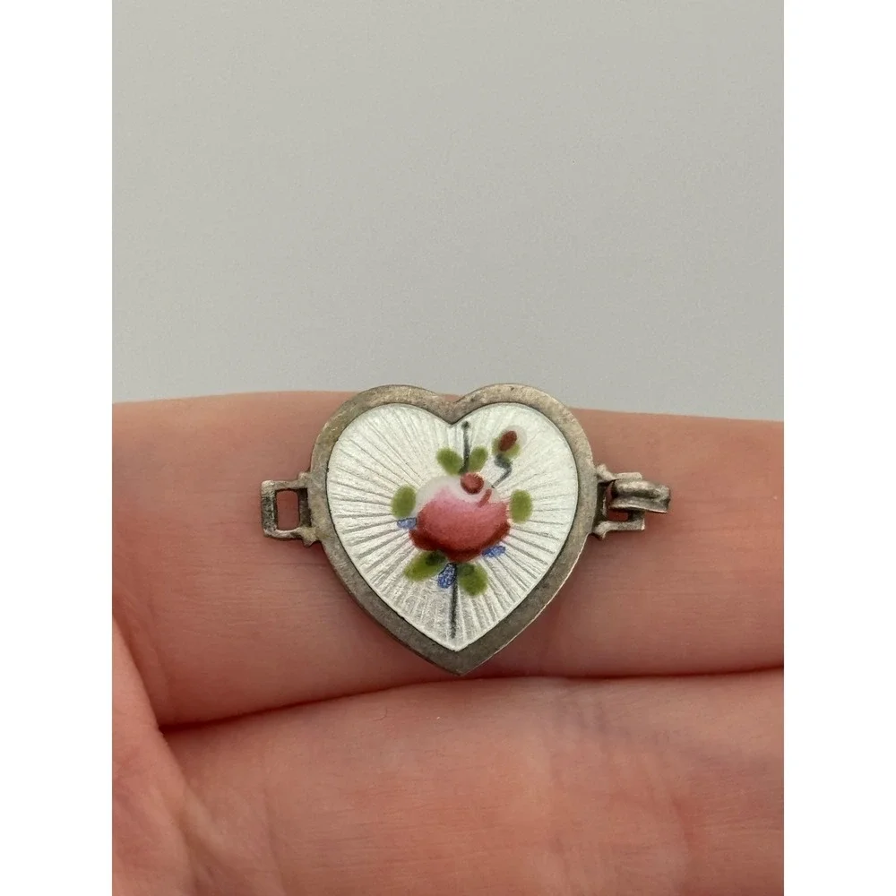 Vintage Sterling Silver Enamel Rose Flower Heart Link Piece For Parts Repair